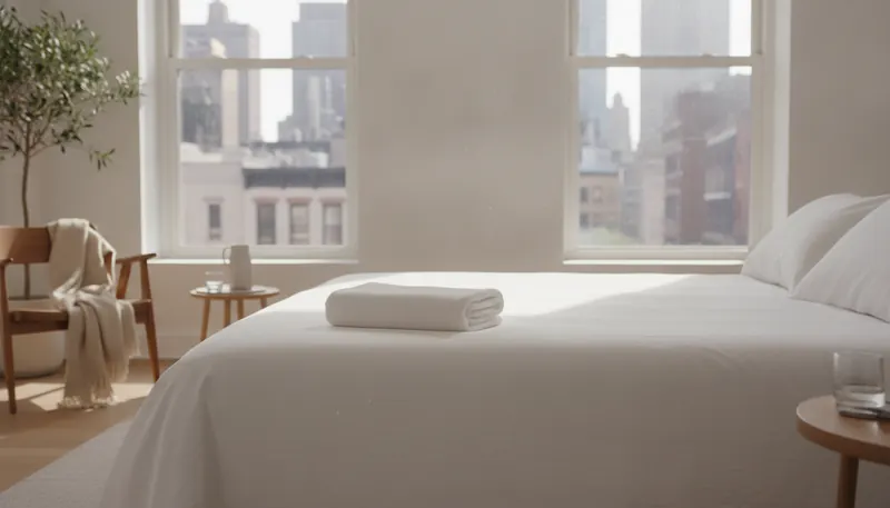 A freshly made bed with folded towels in a sunny city bedroom