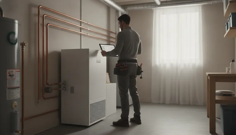 A heating and cooling technician, seen from behind, checking a unit in a bright utility room